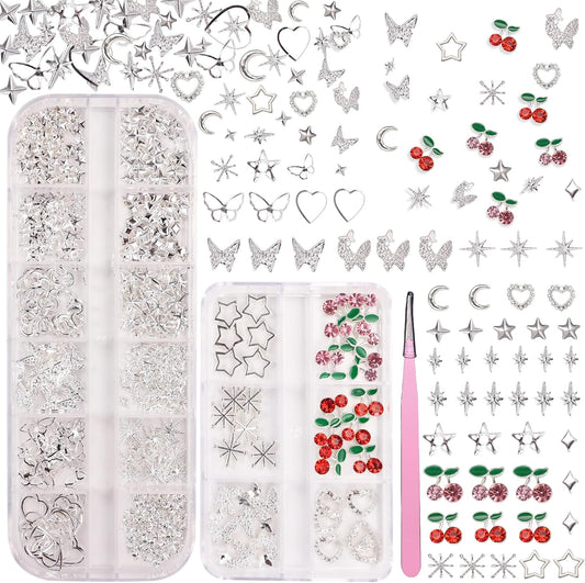 Uotey silver nail charms and gems front view in storage box