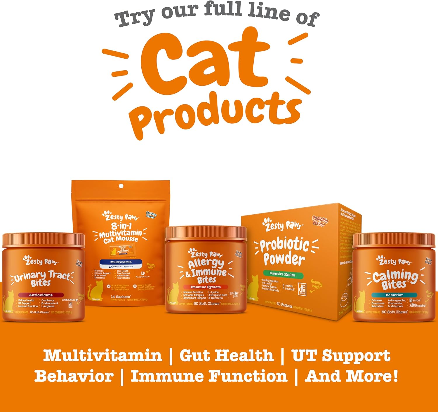 Authentic USA imported Zesty Paws cat vitamins for skin and digestive health