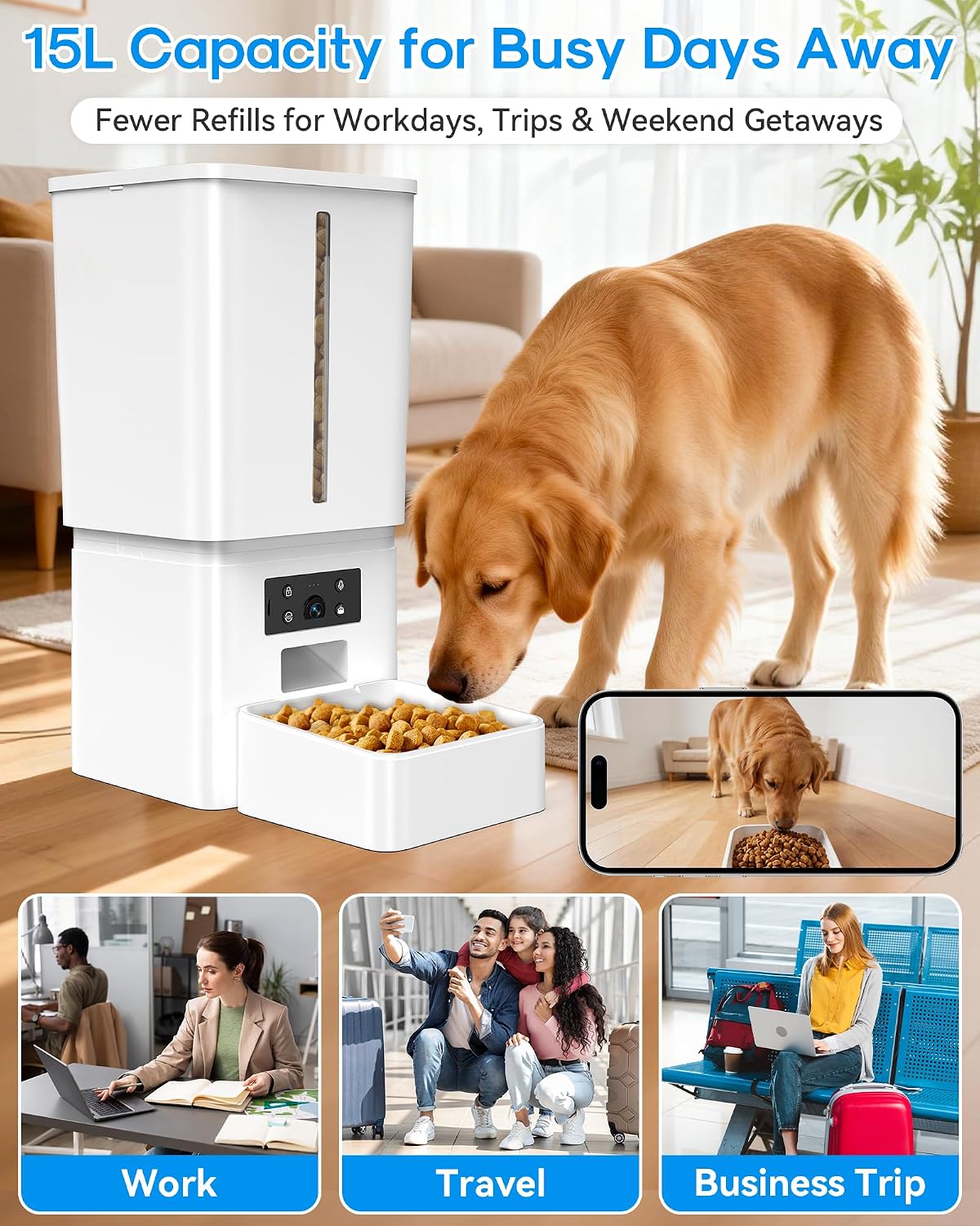 App controlled dog feeder showing smartphone application interface for setting pet meal schedules