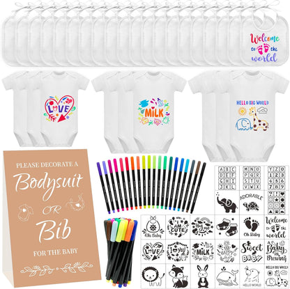 Aisharery baby shower game sign set with white onesies and fabric markers front view