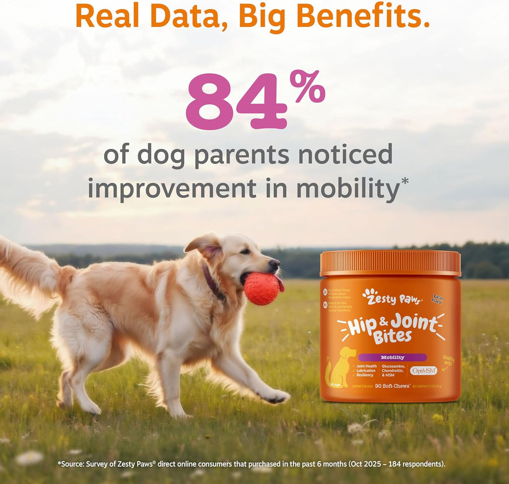 Authentic USA sourced Zesty Paws hip and joint care product label