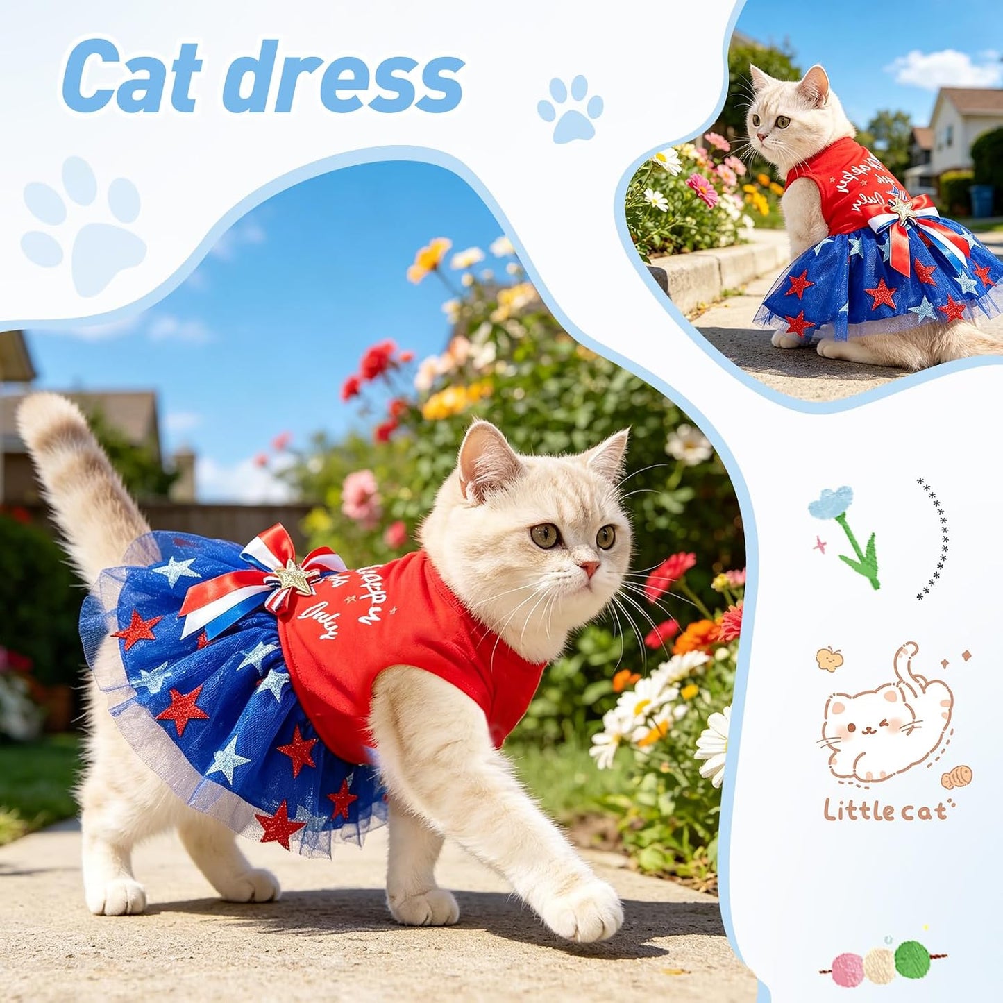 Cat wearing patriotic holiday tulle dress for Independence Day