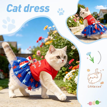Cat wearing patriotic holiday tulle dress for Independence Day