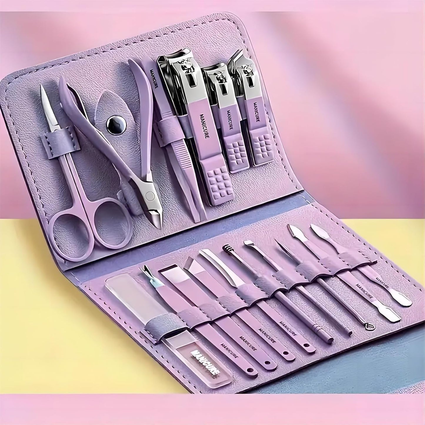 AweStuffs 16 piece stainless steel manicure pedicure set in purple case