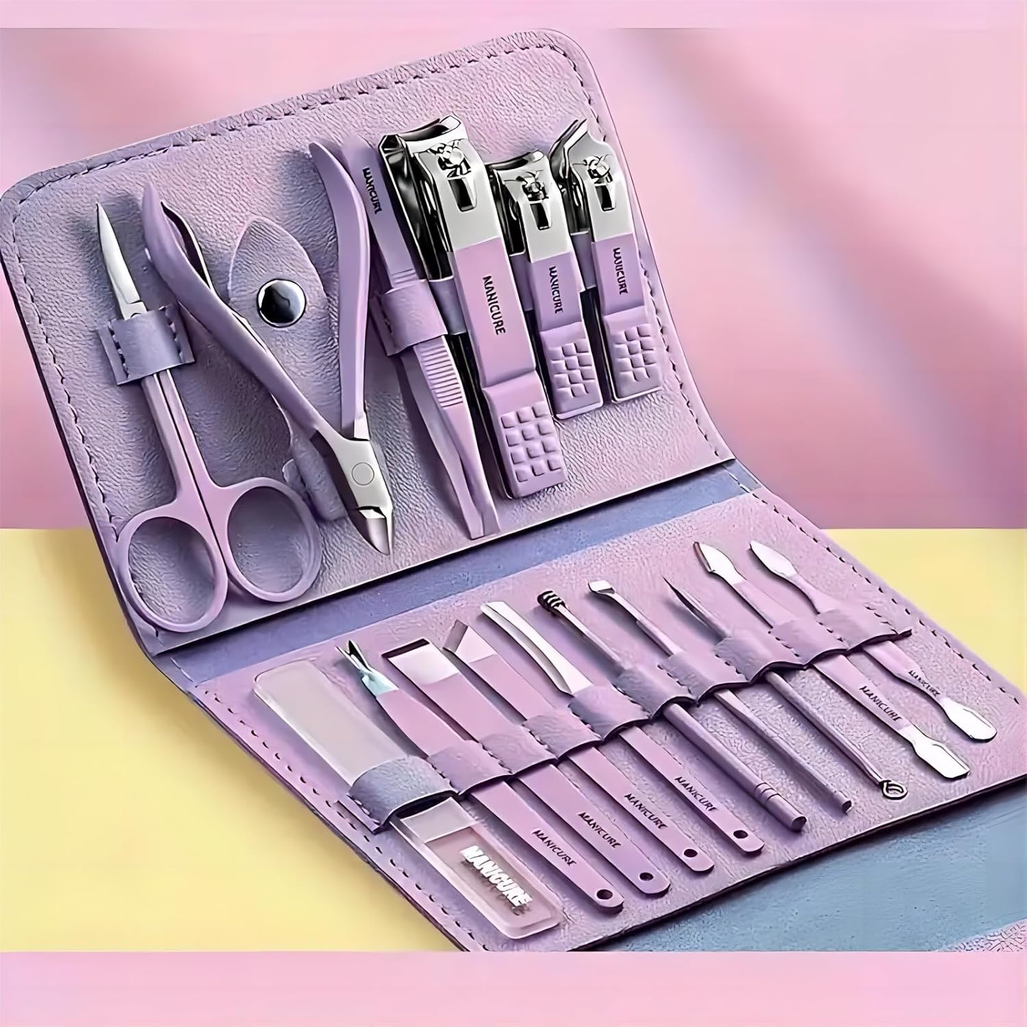 AweStuffs 16 piece stainless steel manicure pedicure set in purple case
