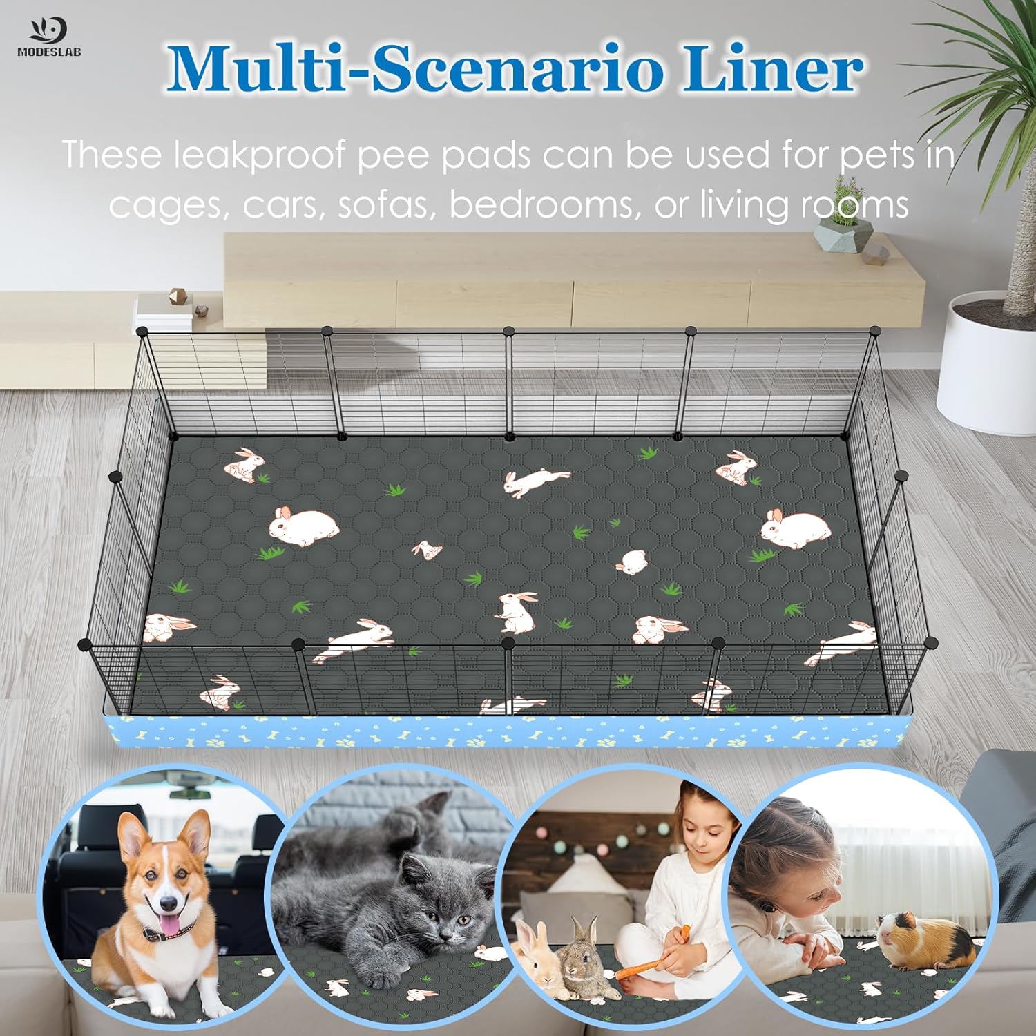 Modeslab 24x47 inch pet liner being used in a rabbit playpen
