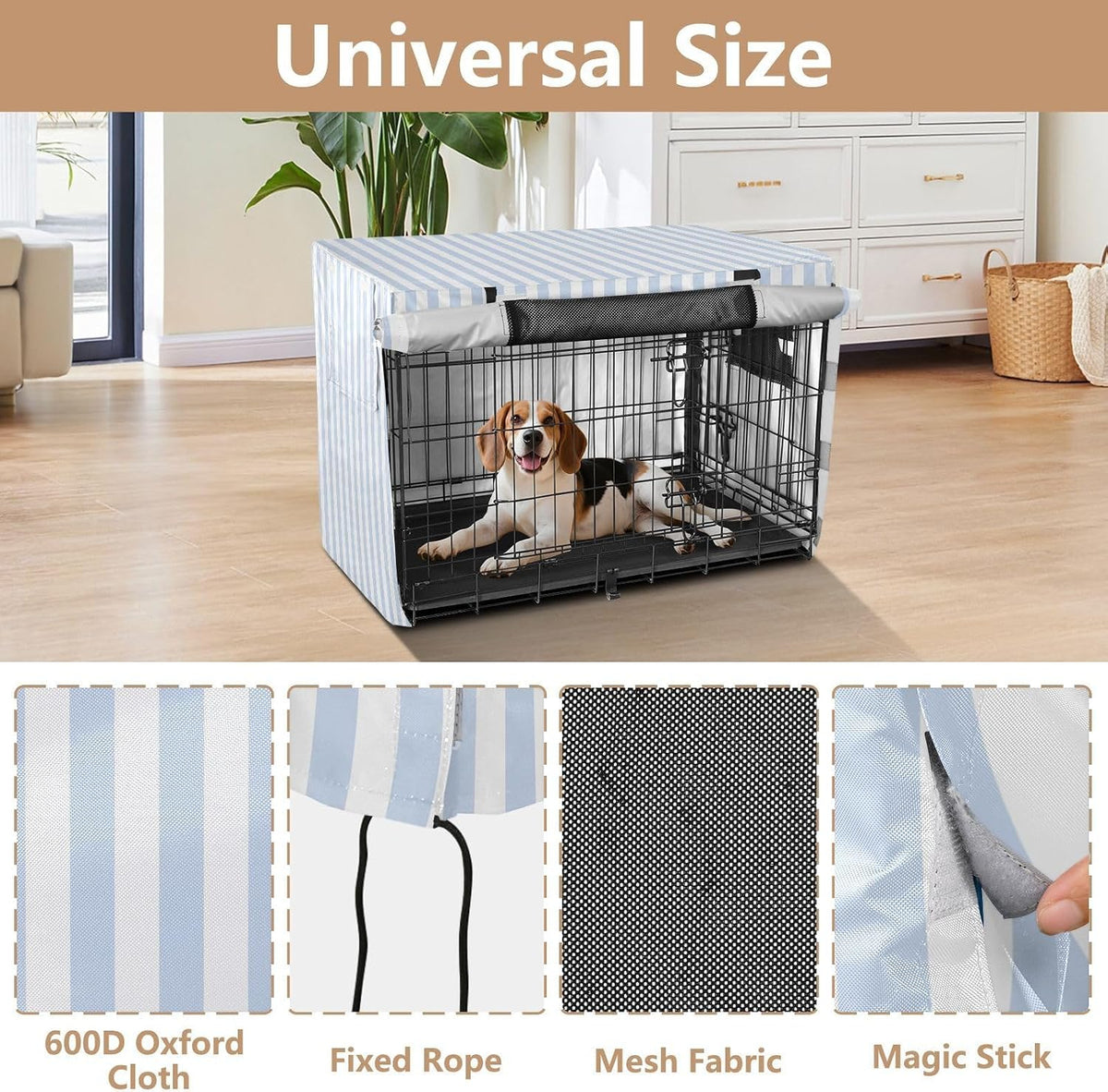 ZRWLUCKY blue striped dog crate cover mesh window detail for airflow