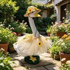 Farmhouse patio lawn sculpture dressed in yellow flower clothes.