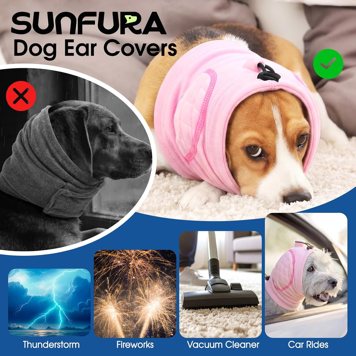 Adjustable dog head wrap with soundproof pads for noise protection side view
