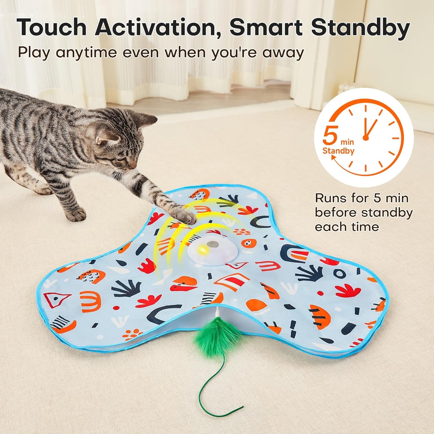 Rechargeable electronic pet toy highlighting the premium double padded fabric mat.