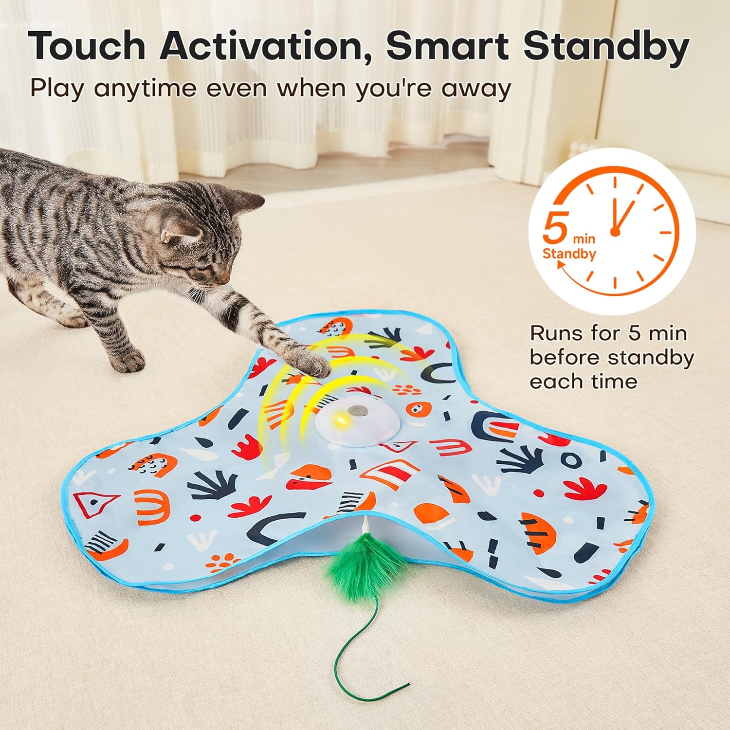 Rechargeable electronic pet toy highlighting the premium double padded fabric mat.