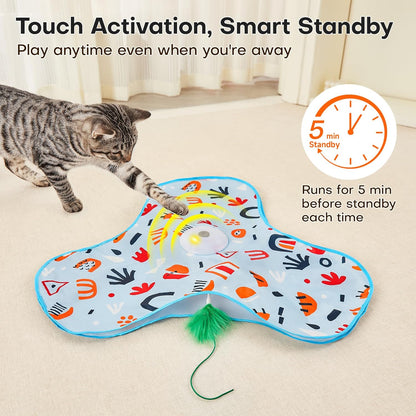 Rechargeable electronic pet toy highlighting the premium double padded fabric mat.