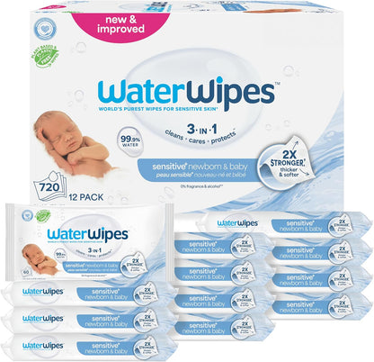 WaterWipes Sensitive+ Newborn & Baby Wipes, 3-In-1 Cleans, Cares, Protects, 99.9% Water, Unscented & Hypoallergenic, 720 Count (12 Packs) - Image 1