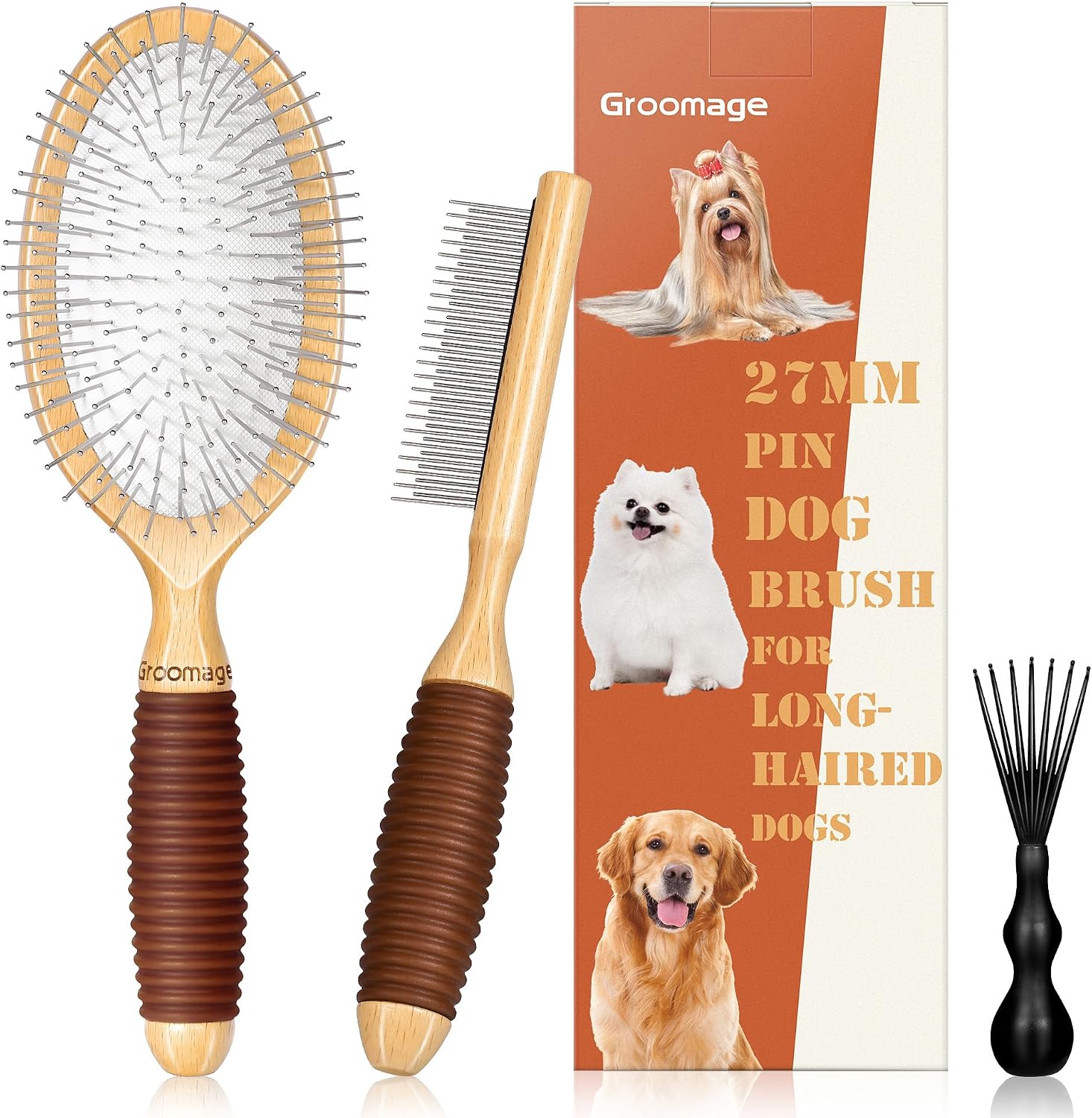 Dog Brush for Long Haired Dogs, 27mm Extra Long Pin Brush for Grooming, Shedding - Beech Wood Material, Non-Slip Rubber Handle, Round-Tipped Pins - Image 9