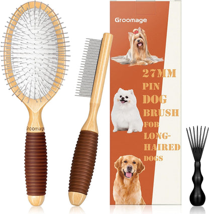 Dog Brush for Long Haired Dogs, 27mm Extra Long Pin Brush for Grooming, Shedding - Beech Wood Material, Non-Slip Rubber Handle, Round-Tipped Pins - Image 9