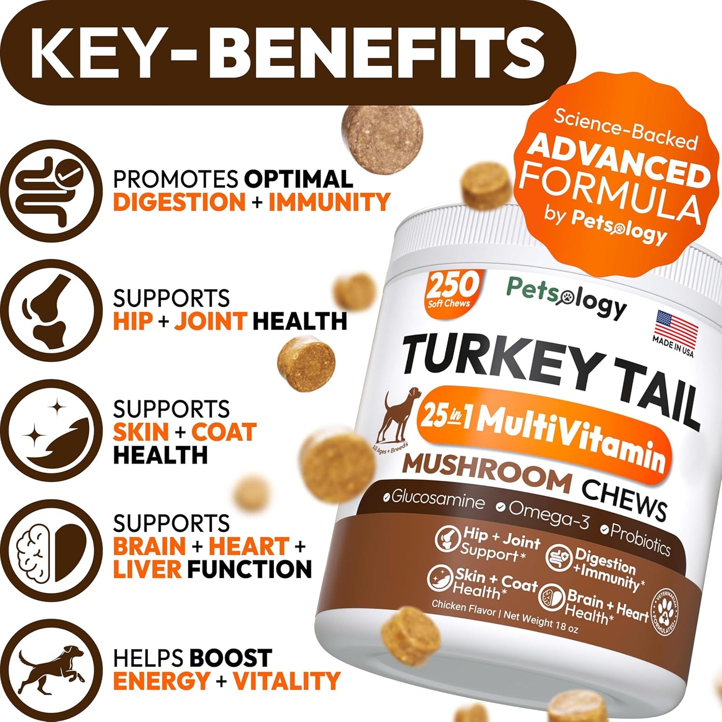 Petsology mushroom supplement for dogs lumps and bumps nutritional label details.