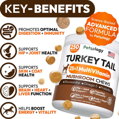 Petsology mushroom supplement for dogs lumps and bumps nutritional label details.