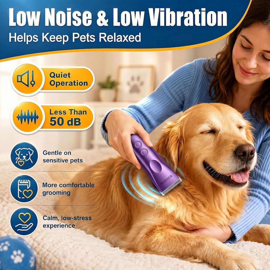 Purabelle cordless dog clippers overhead view displaying eight guide combs set.