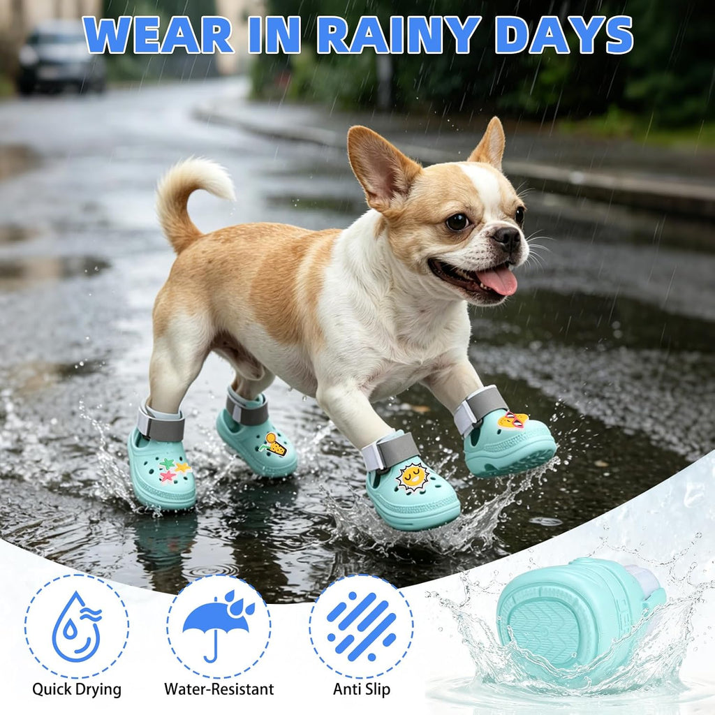 Green dog shoes for hot pavement showing non-slip sole