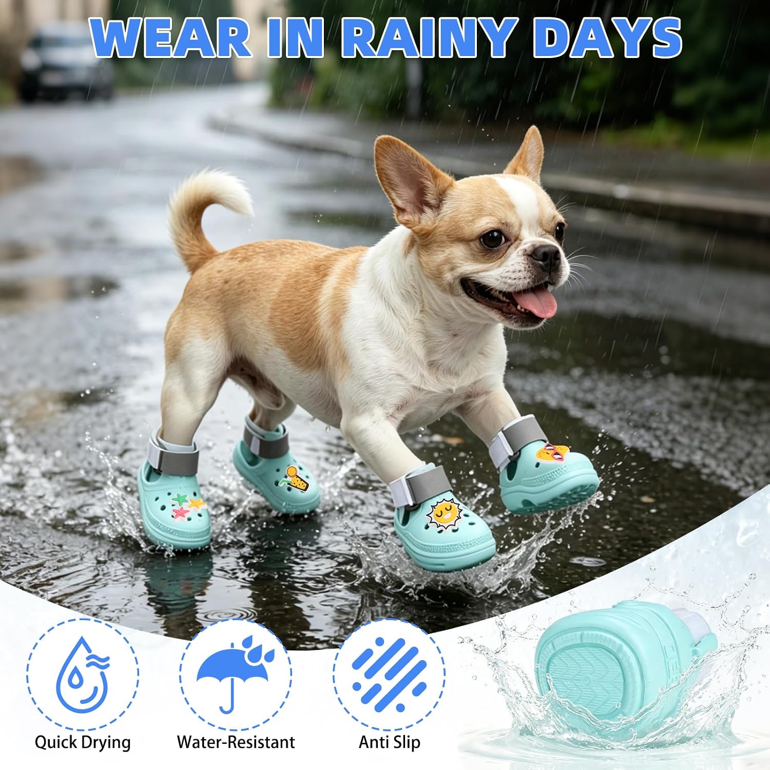 Green dog shoes for hot pavement showing non-slip sole