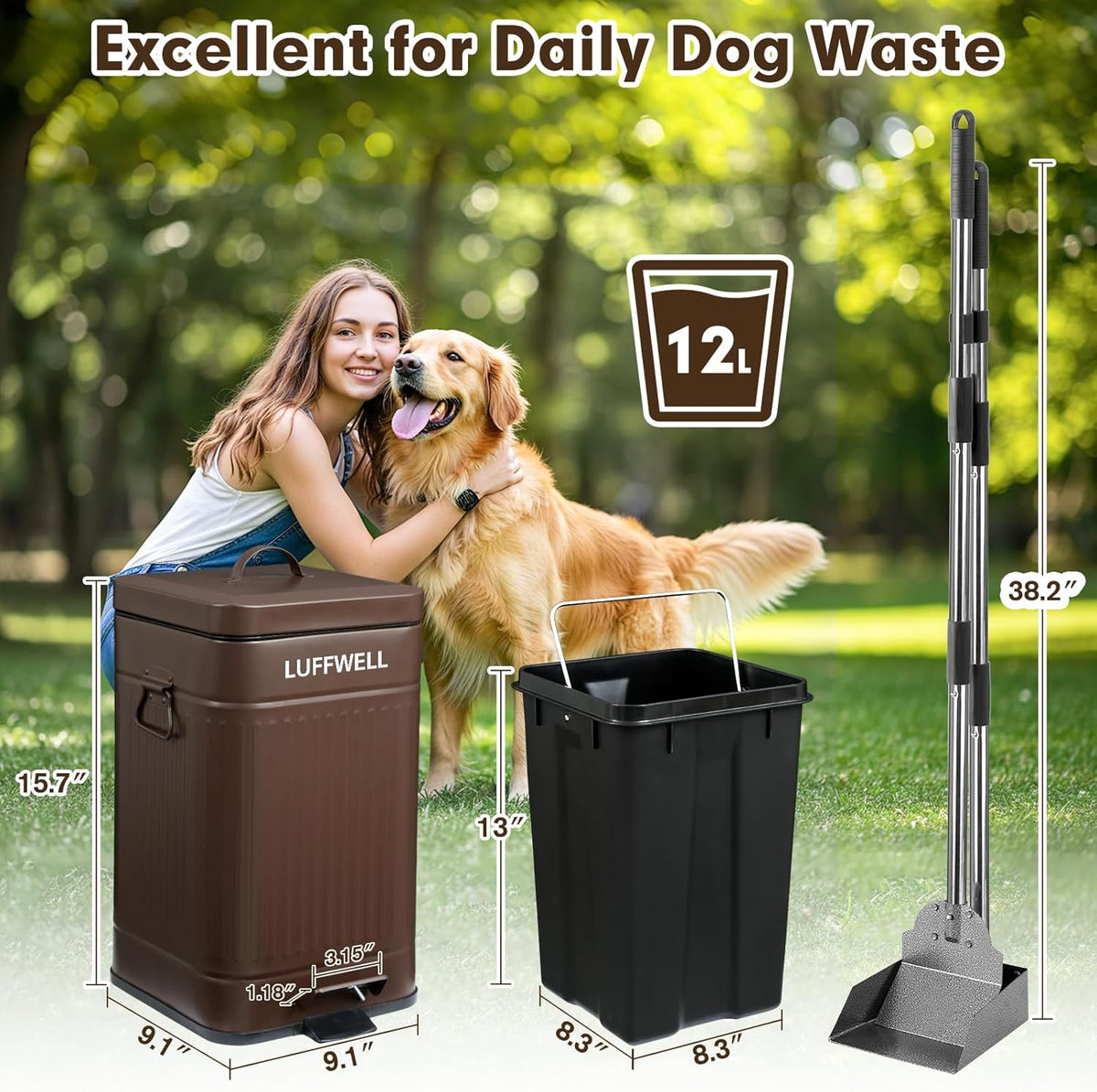 Nevink complete pet cleanup kit including the black metal bin and matching long handle pooper scooper.