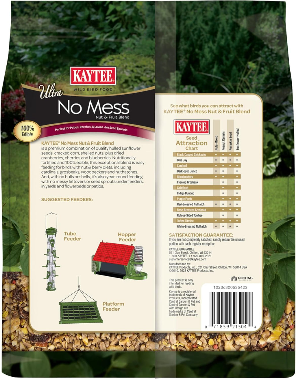 Close up of Kaytee no mess shell-free bird seed mix ingredients