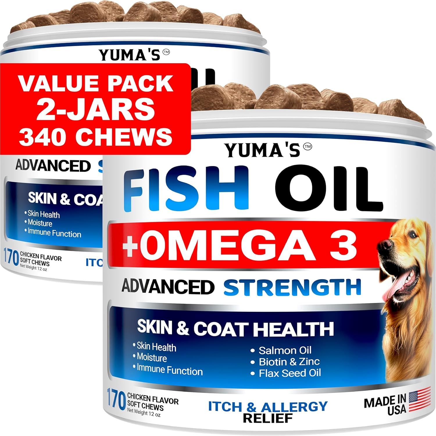 Authentic imported Yuma's dog skin and coat supplement vitamins container.