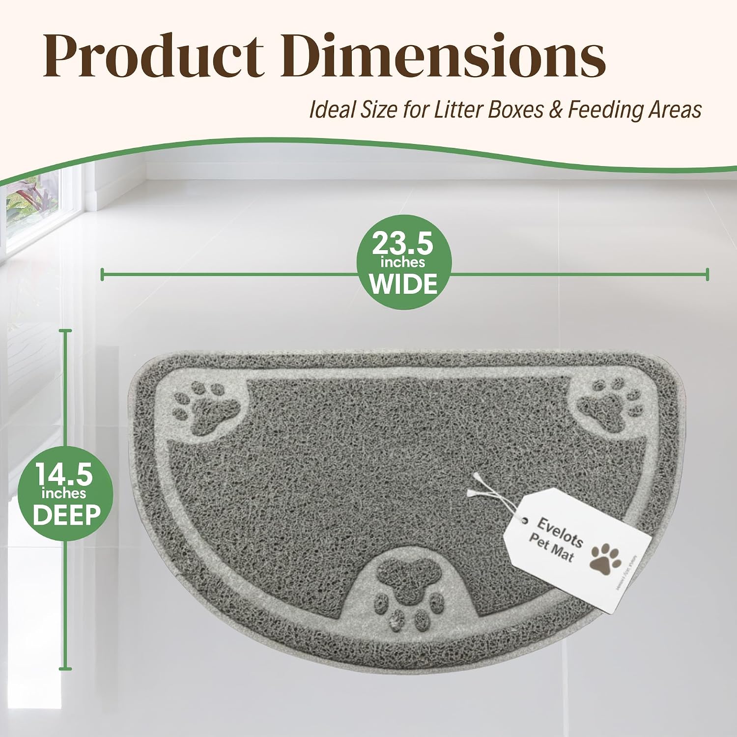 Evelots half moon litter catcher mat displaying dark gray paw print accents