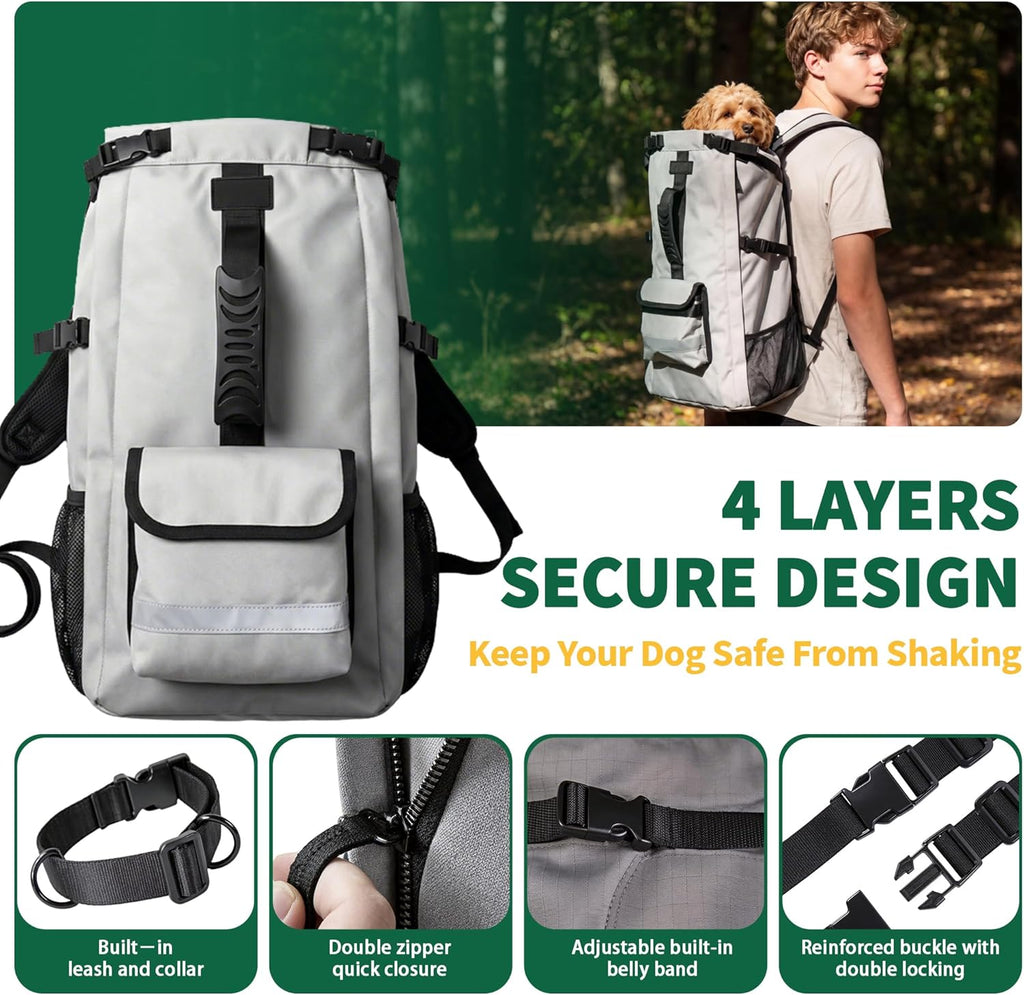 Close up of the quadruple safety anti escape system on the Aeegee dog backpack including the internal safety leash.