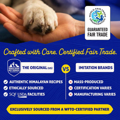 Himalayan Pet Supply original yak cheese chews highlighting the three natural ingredients on the back label