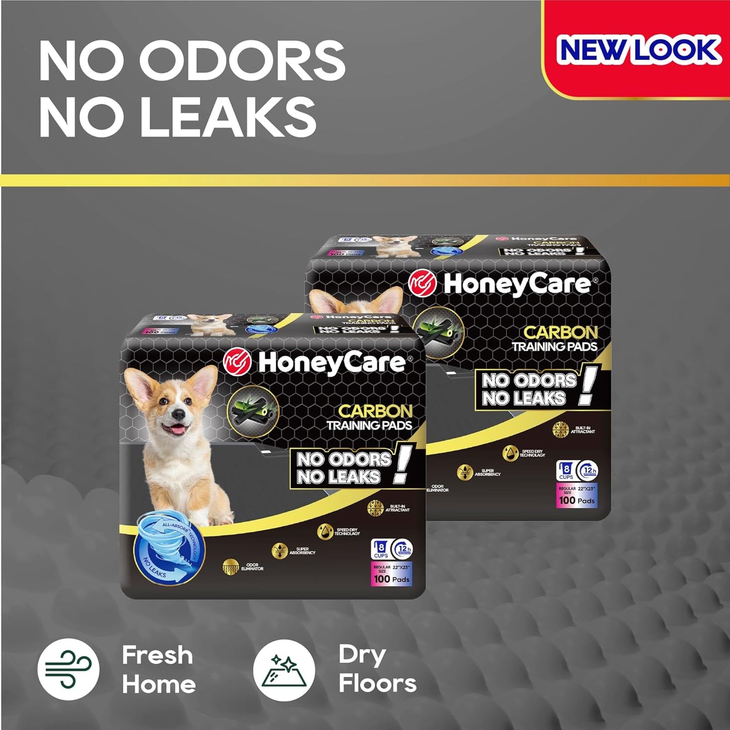 Honey Care carbon dog pee pads highlighting super absorbent polymer gel core