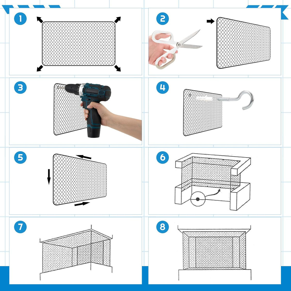 Instructions visualization for installing pet balcony netting