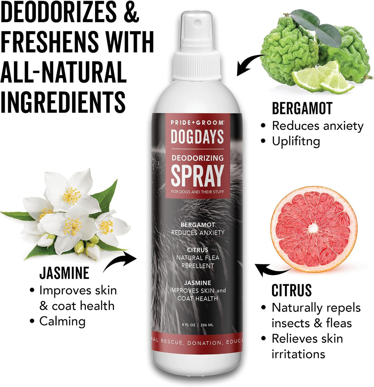 Hydrating pet coat refresher spray with natural bergamot and citrus essential oils