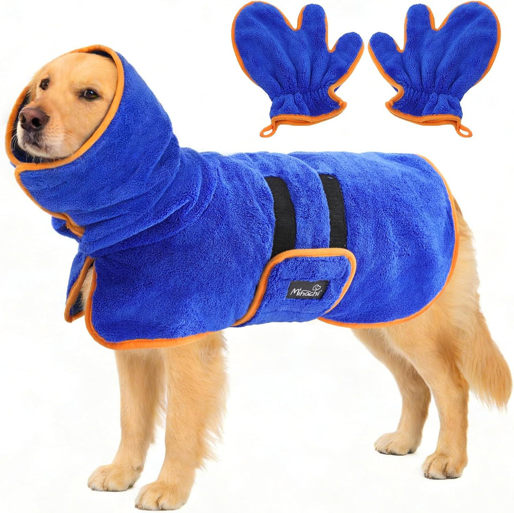 Mihachi dog bathrobe front view showing blue coral fleece drying coat.