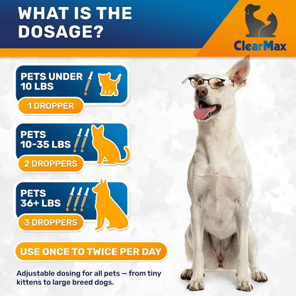 Clear Max cat probiotic supplement liquid formula being added to pet food