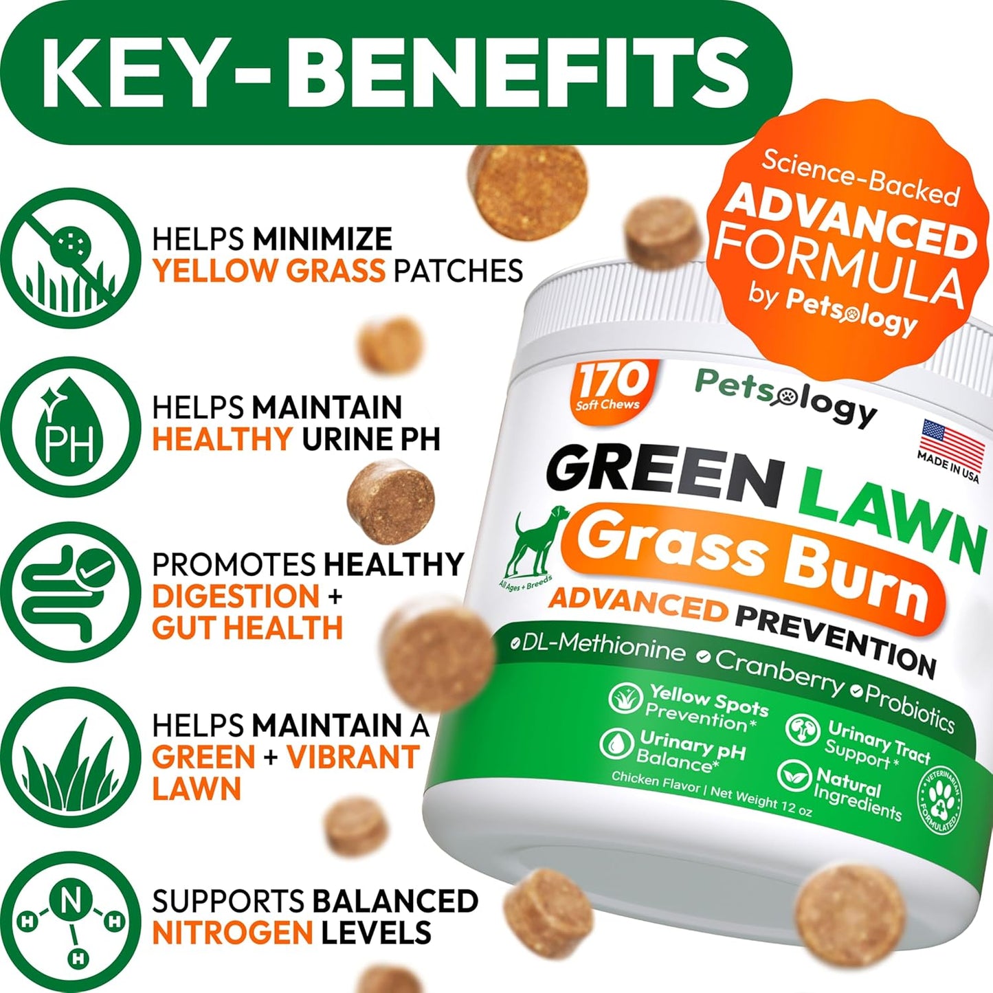 Close up of 170 count lawn burn saver chews label