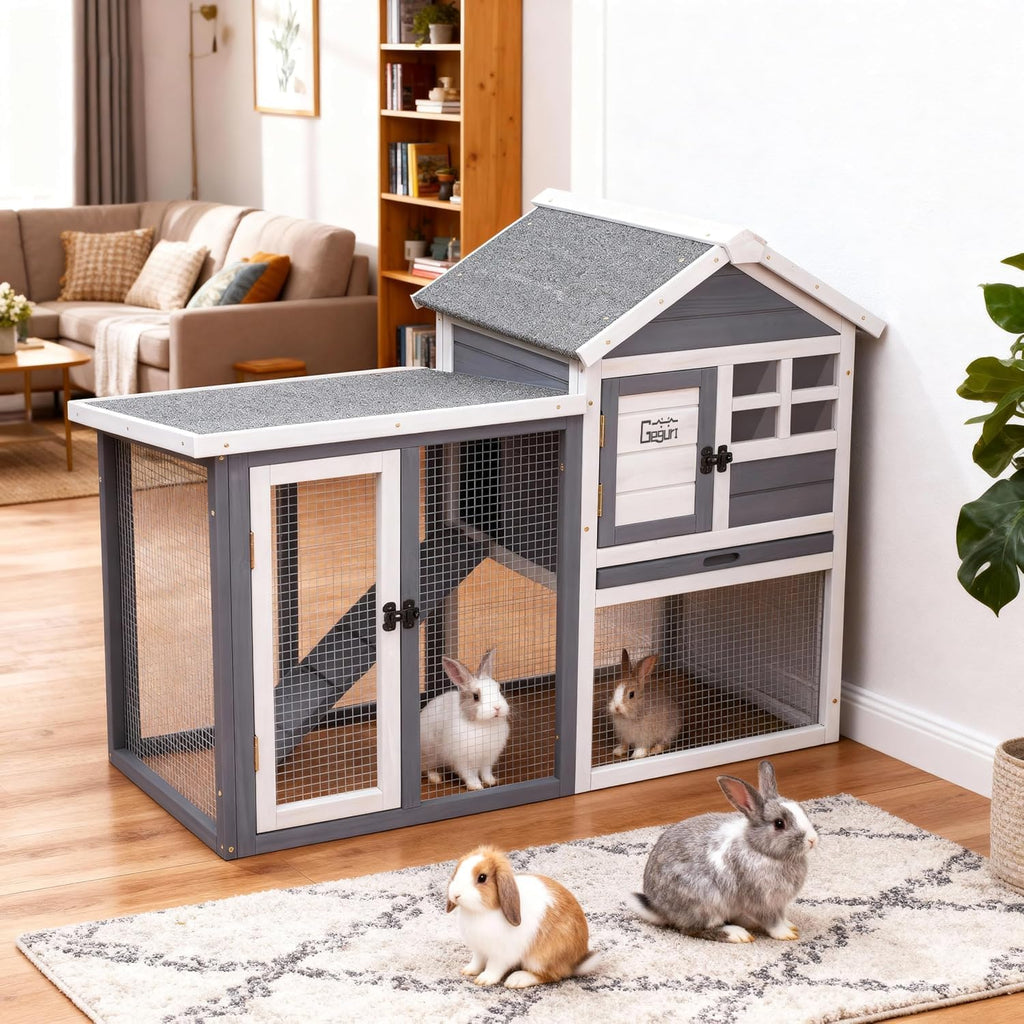 Geguri large wooden rabbit hutch front view with grey waterproof roof