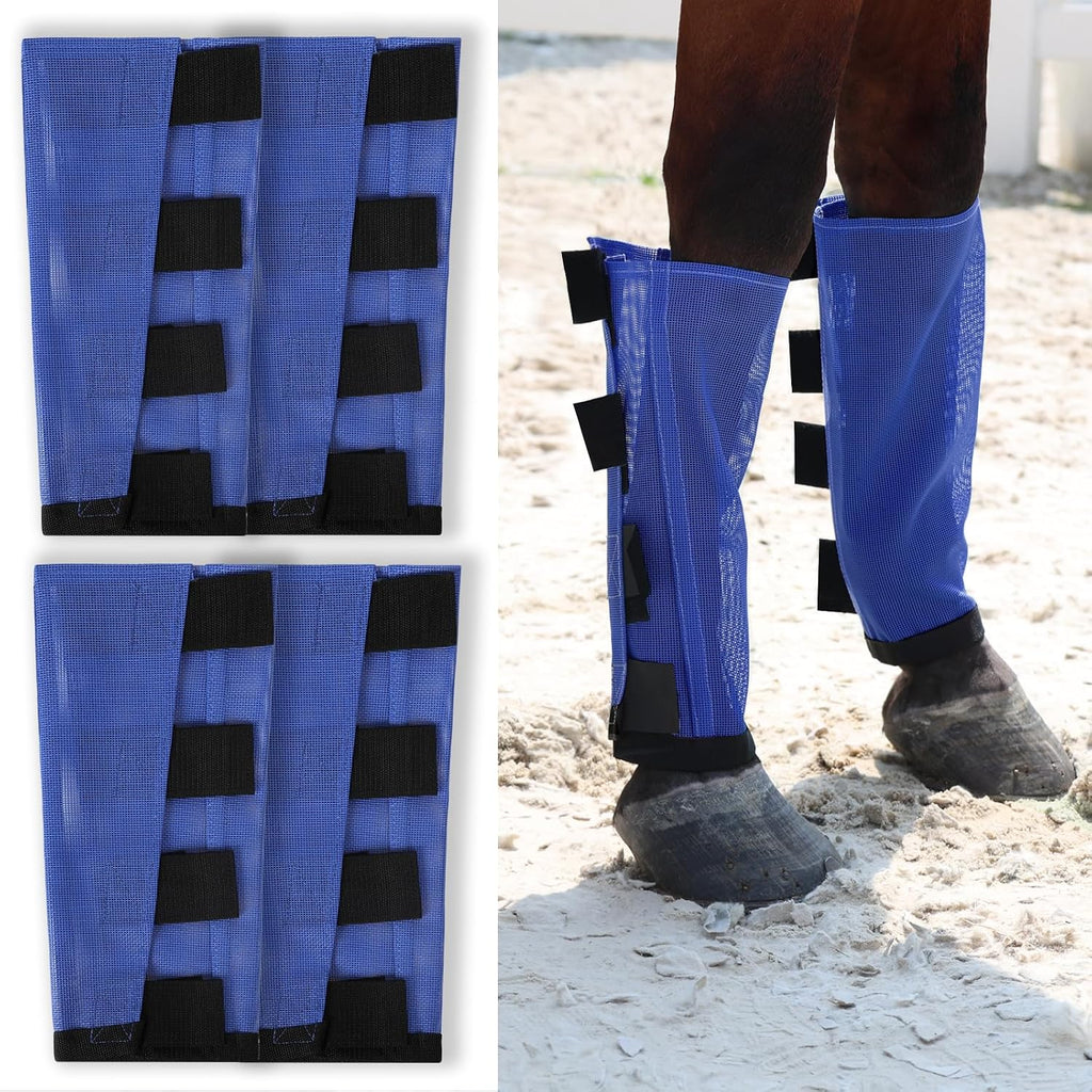 Wizbrio premium horse fly boots front view on horse legs in royal blue