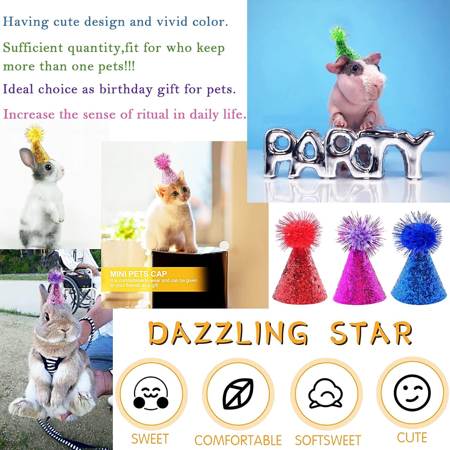 Collection of 10 different colored mini pet party hats