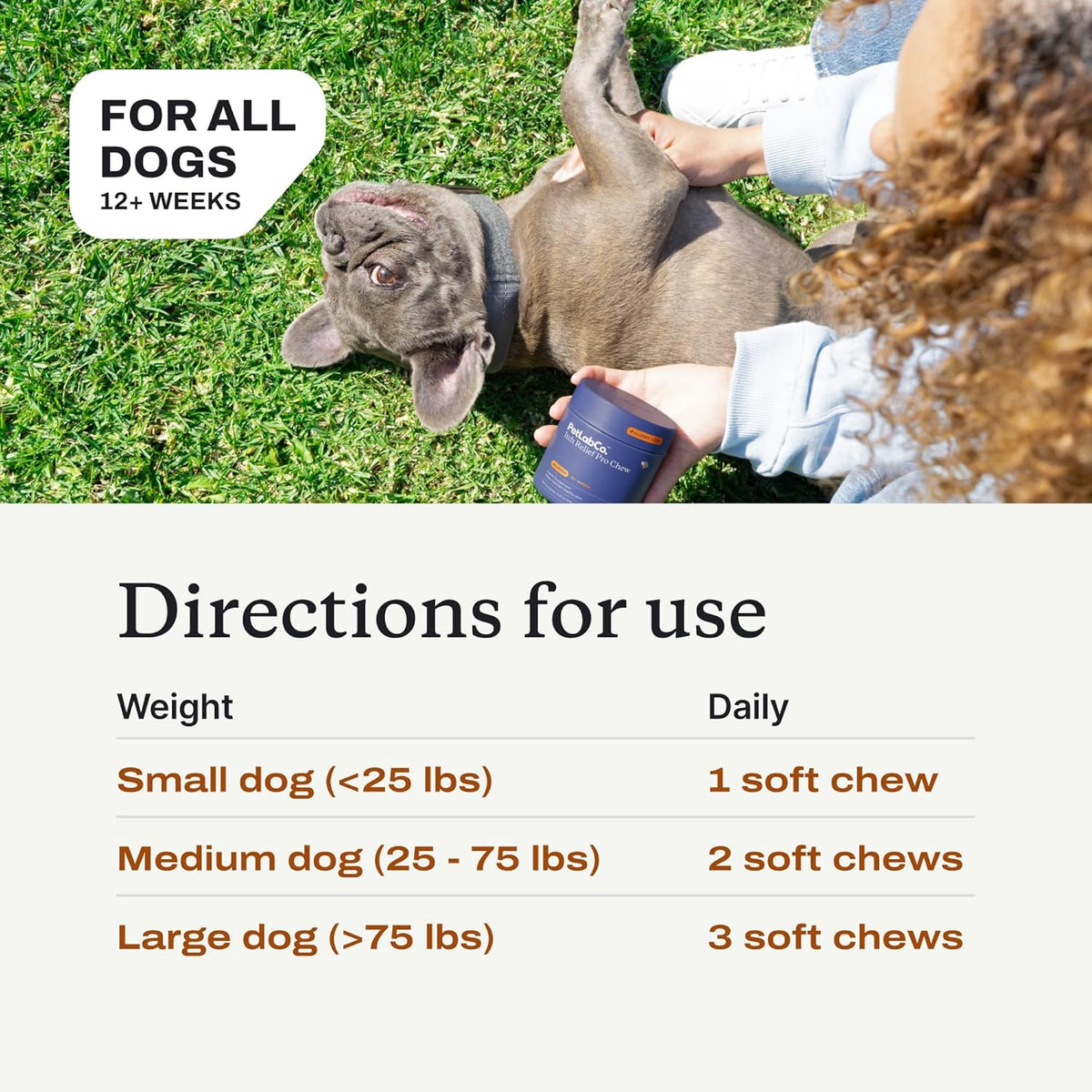 Nutritional profile layout of PetLab Co skin allergy chew containing borage oil and biotin.