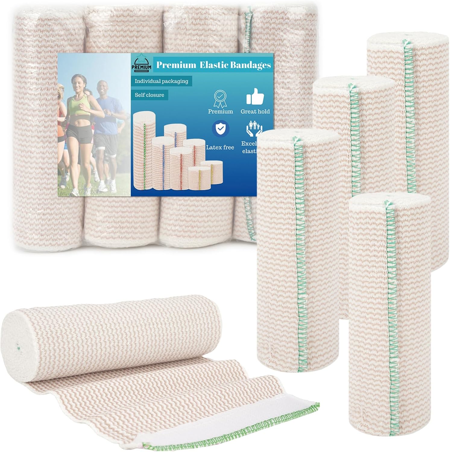 Outzen Premium Elastic Bandage Wrap front view of four pack in beige.