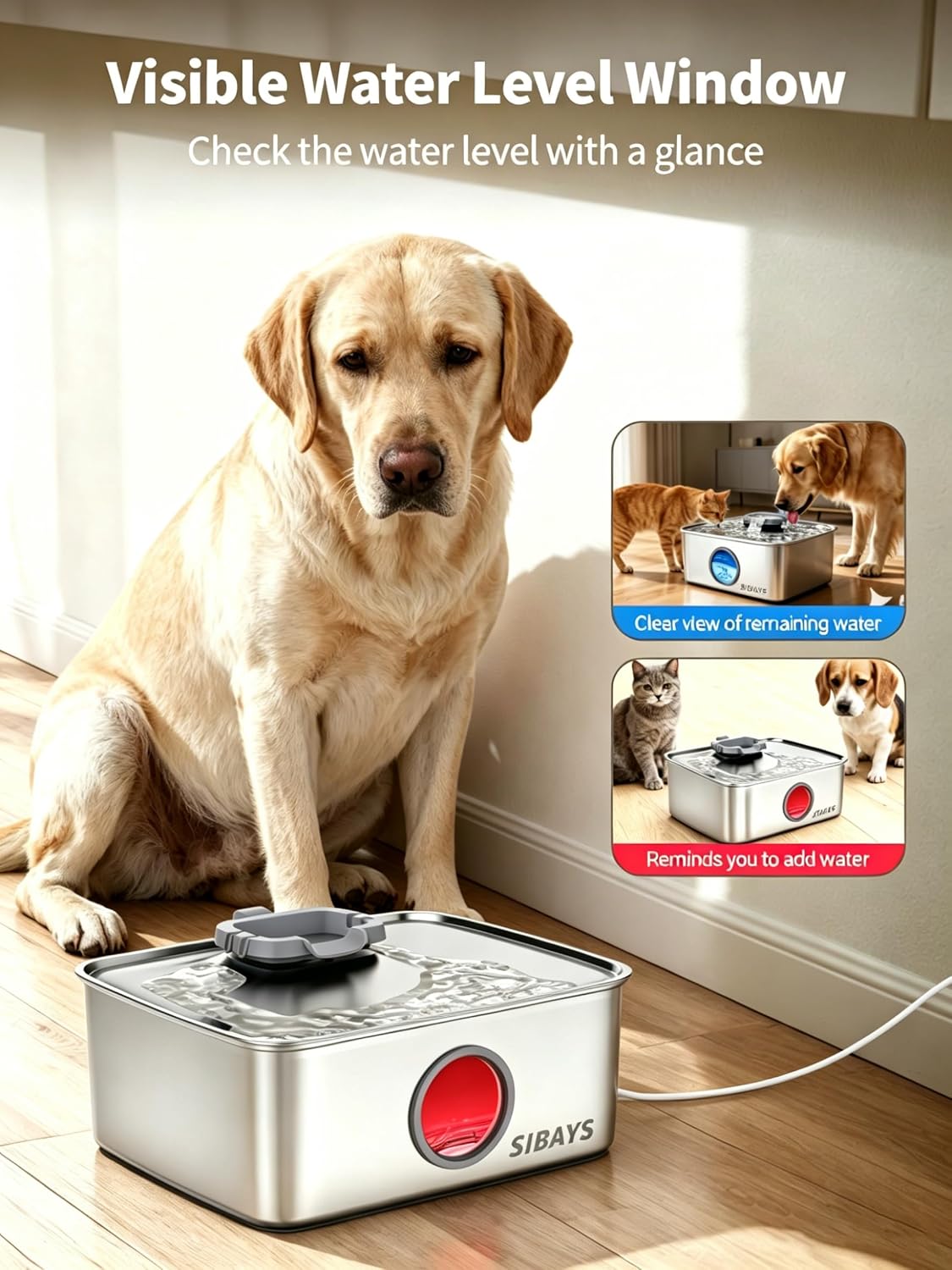Side view of Sibays automatic quiet dog water dispenser