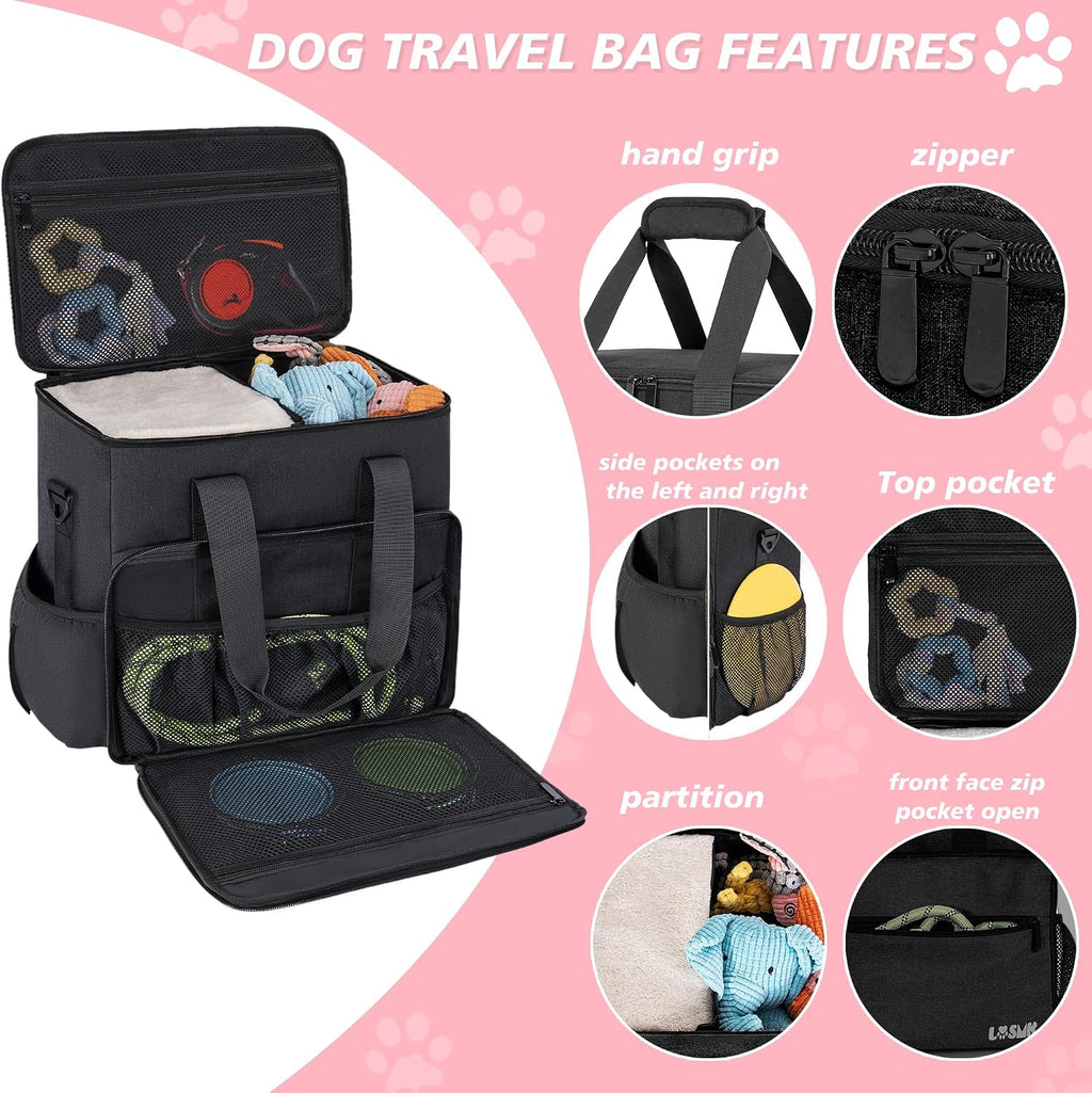 Premium black pet travel organizer tote resting on luggage sleeve for easy airport or car transit.