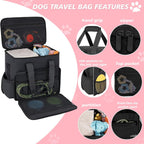 Premium black pet travel organizer tote resting on luggage sleeve for easy airport or car transit.