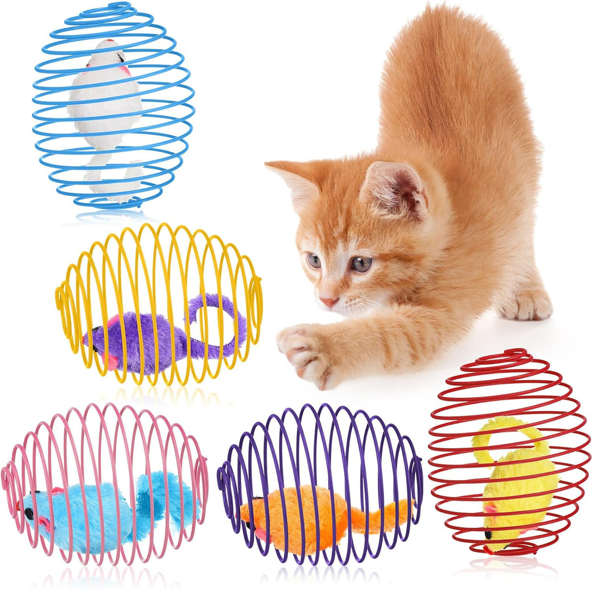 Jecery 25 Pcs Cat Spring Balls Toys Stretchable Rolling Balls Colorful Playful Coils Interactive Action Toy Caged Rats for Kitten Pet Supplies (Mouse and Bell,Colorful) - Image 12