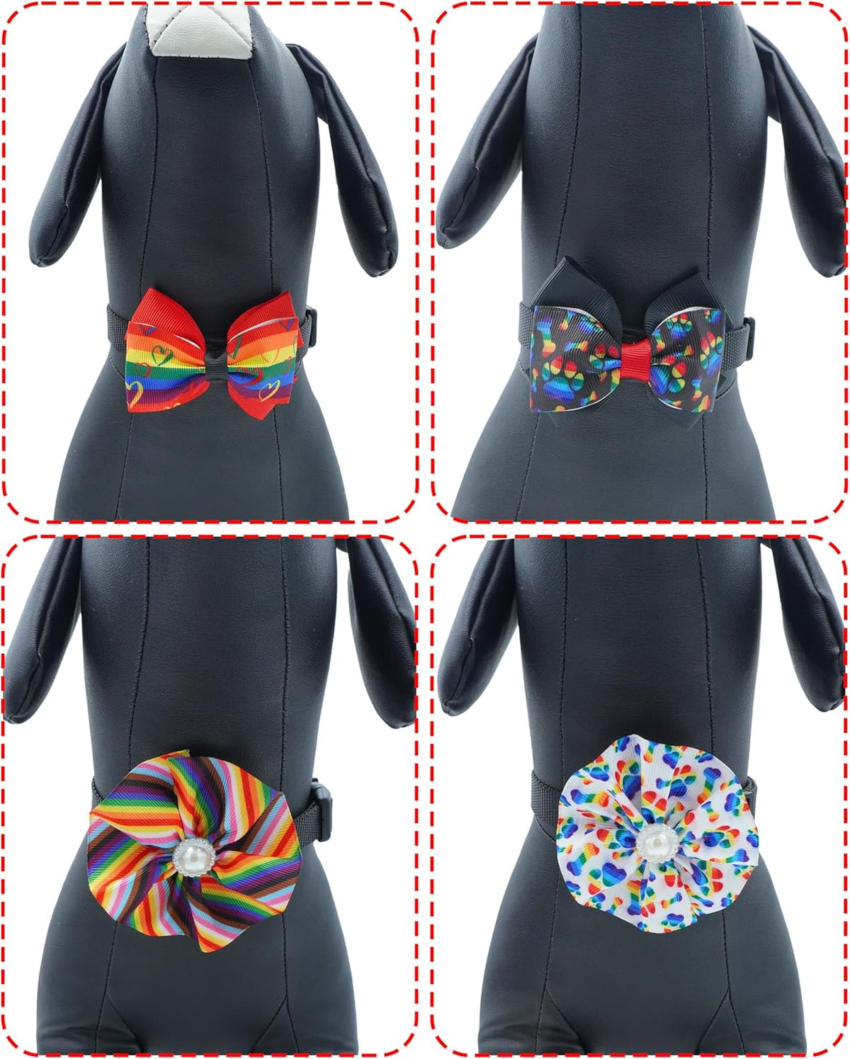 Four piece set of Pet Show chiffon floral and ribbon bow tie attachments for small dogs and cats.