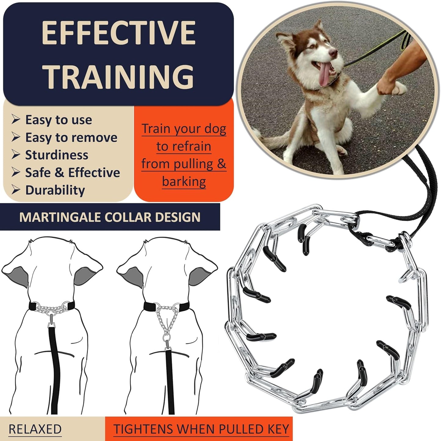 DEYACE adjustable stainless steel pinch collar close up showcasing the removable comfort rubber tips on links.