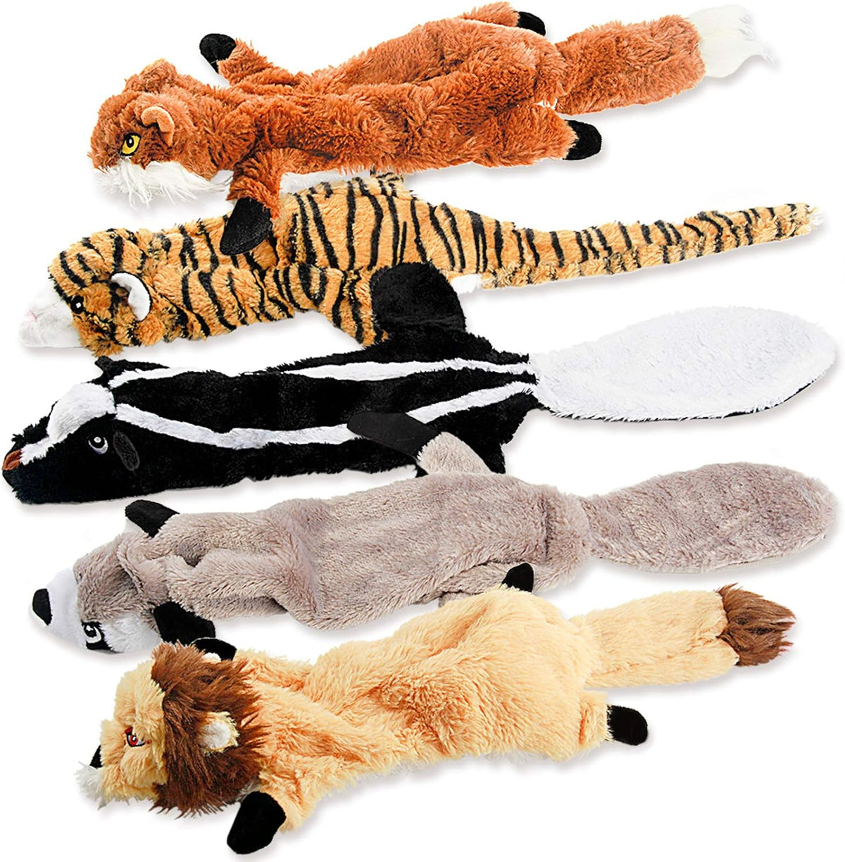 FIREOR no stuffing plush dog squeaky toys five pack front view showcasing raccoon squirrel tiger fox and lion designs
