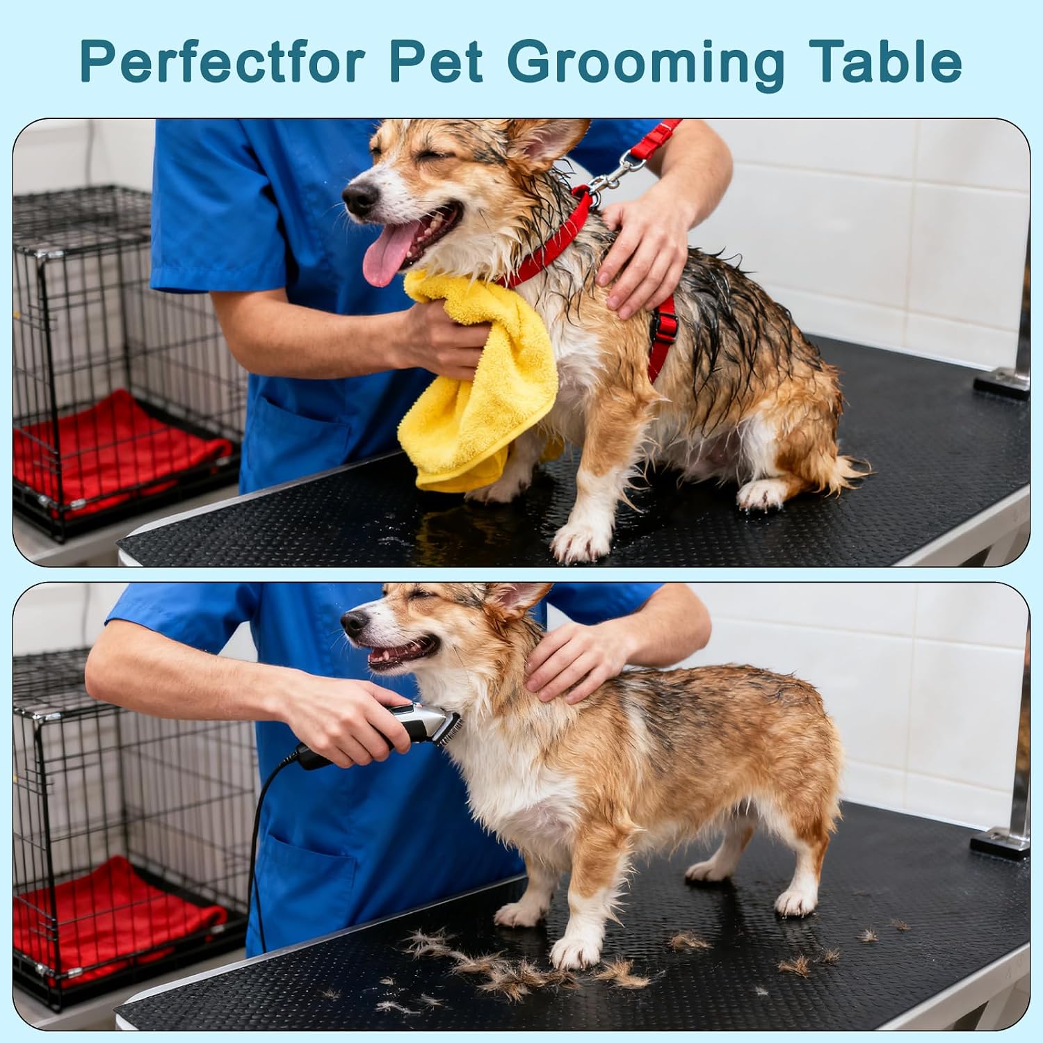 Waterproof testing of the IPENP dog grooming mat being wiped clean with a cloth