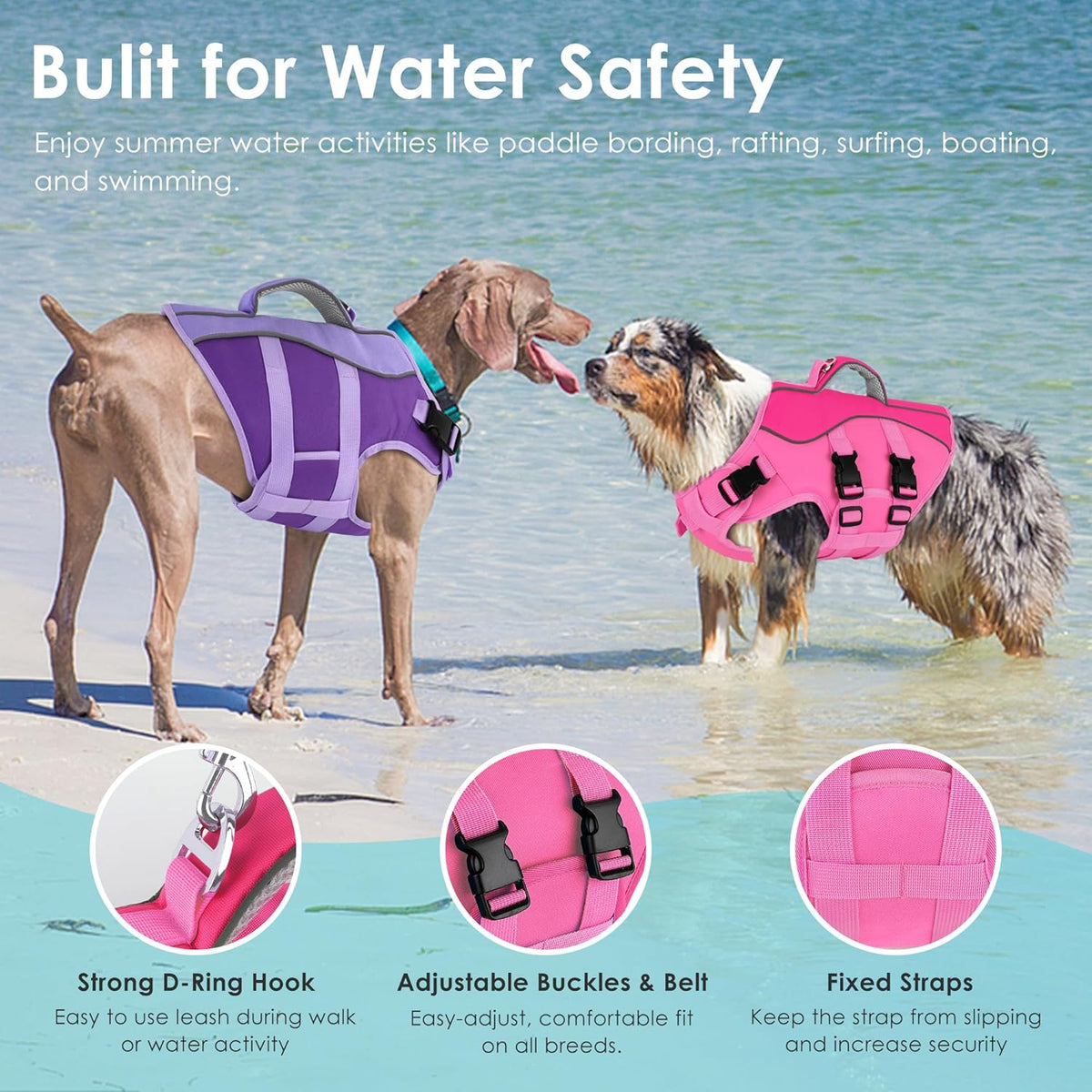 Adjustable pet swimming jacket with reflective trim for large dogs